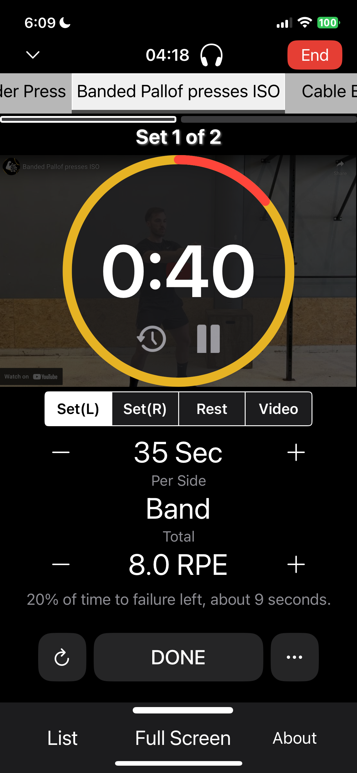 Full-screen timer mode with rest countdown and RPE tracking