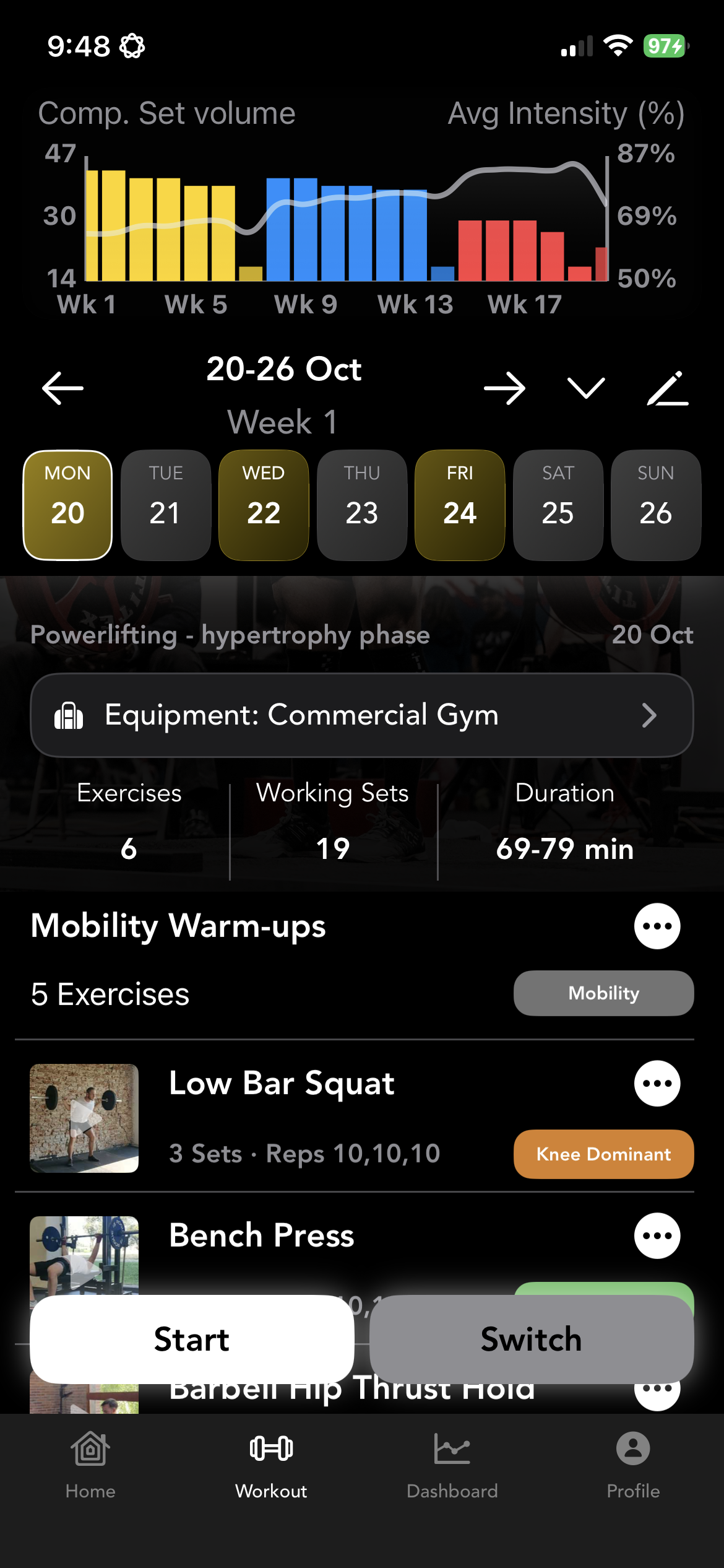 Workout calendar with exercise overview and training schedule
