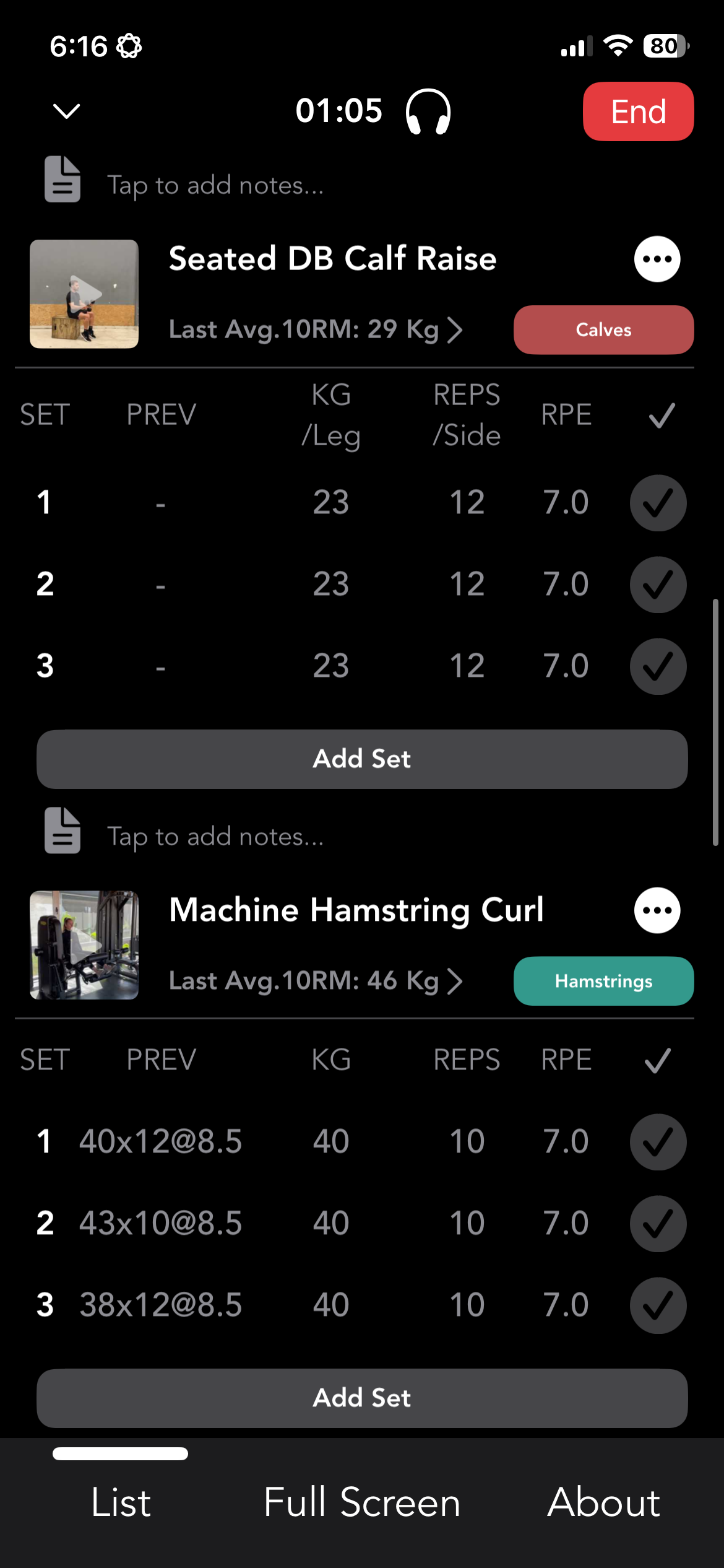 Clean workout list view showing exercises with sets, reps, and weight tracking