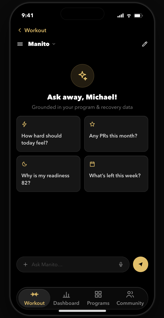 Manito AI coach home screen with personalized prompt suggestions