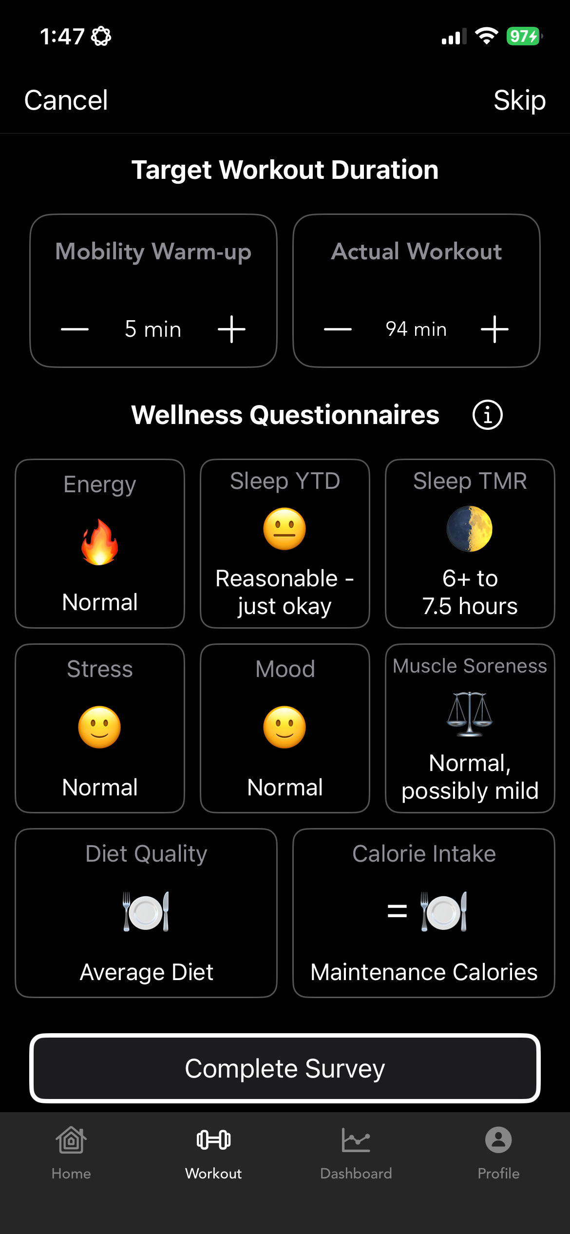 Pre-workout questionnaire for real-time adaptation